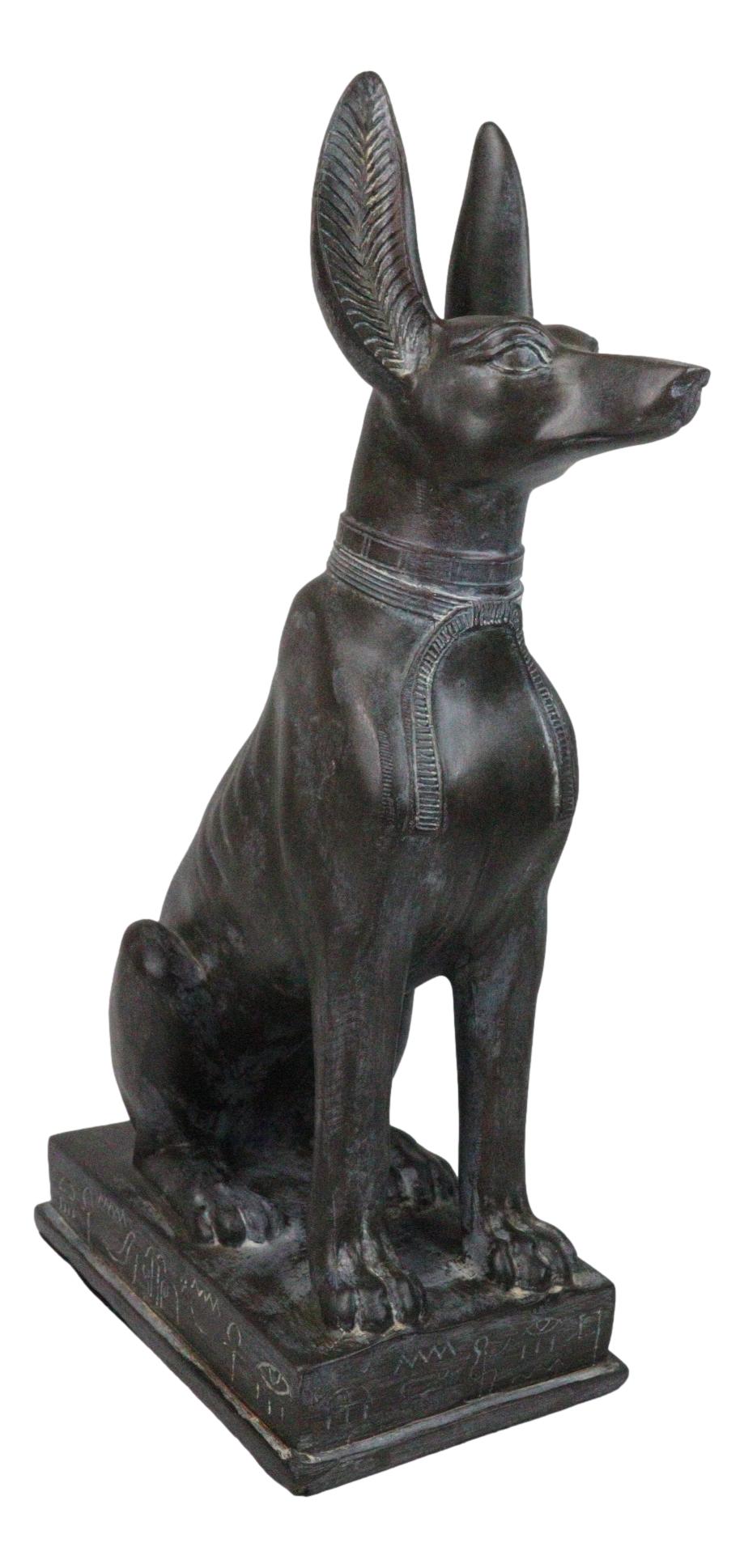 Ancient Egyptian Sitting Anubis in Jackal Dog Statue With Hieroglyphs Base 14"H