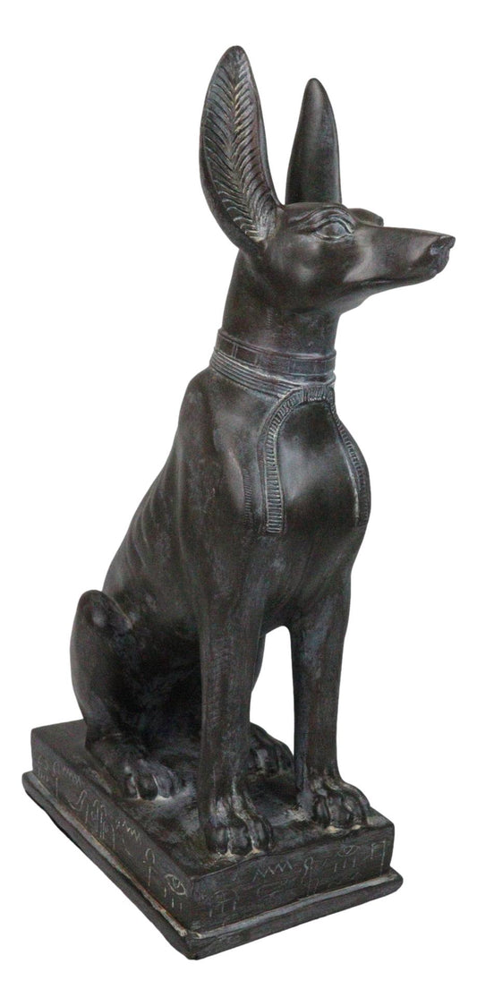 Ancient Egyptian Sitting Anubis in Jackal Dog Statue With Hieroglyphs Base 14"H