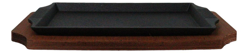 Personal Size Cast Iron Rectangular Fajita Steak Pan Skillet With Wood Trivet