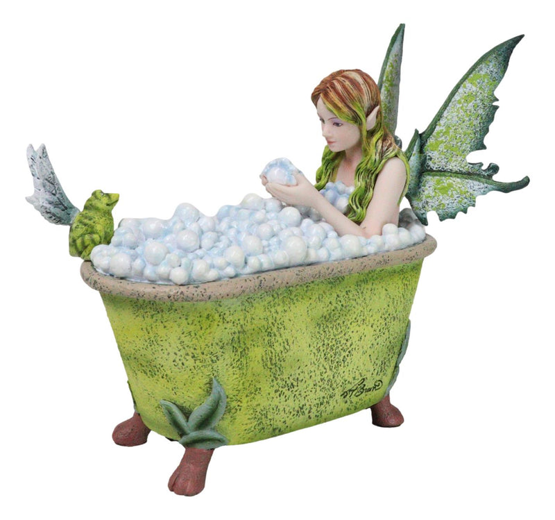 Whimsical Green Fairy Bathing in Tub With Pixie Frog Figurine By Amy Brown