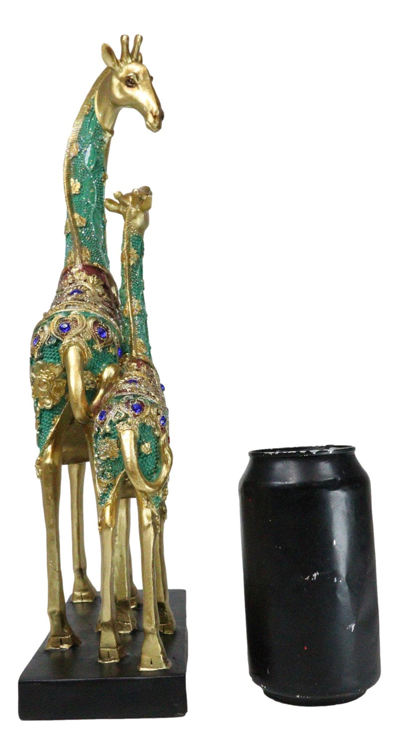 Large 15"H Safari Green Bejeweled Masai Giraffe With Calf On Black Base Figurine