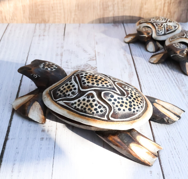 Balinese Wood Handicrafts Polkadot Shell Turtle Family Ashtray Box Figurine Set