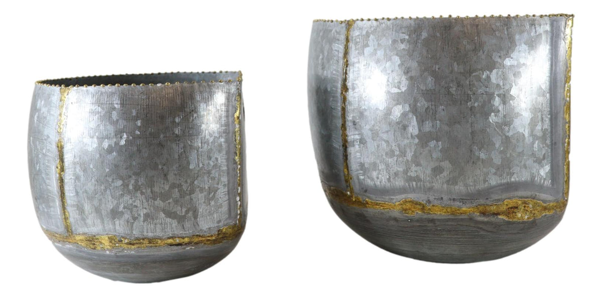 Farmhouse Rustic Galvanized Metal Silver with Gold Accent Wall Planters Set of 2