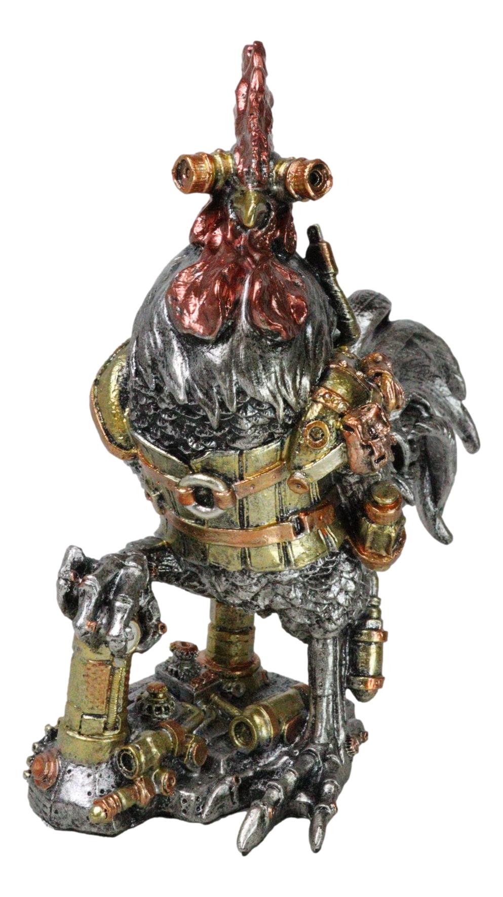 Steampunk Gearwork Robotic Cyborg Rooster Chicken In Battle Armor Figurine - Ebros Gift