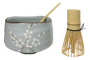 Plum Blue Sakura Blooms Ceramic Japanese Matcha Green Tea Bowl Whisk & Scoop Set