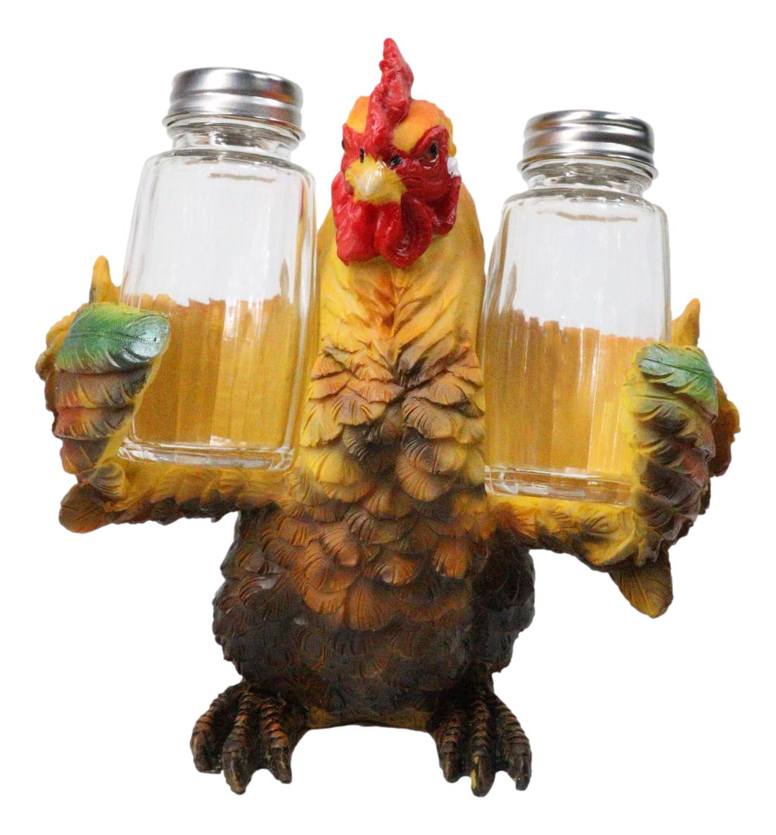 Rustic Farmhouse Country Rooster Chicken Salt and Pepper Shakers Holder Set 7"H