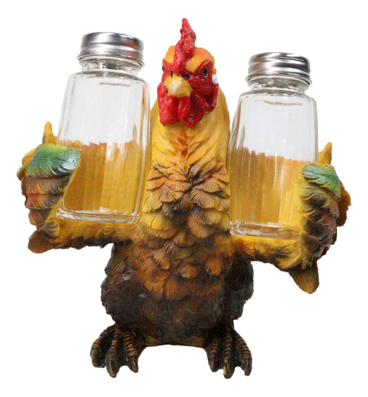 Rustic Farmhouse Country Rooster Chicken Salt and Pepper Shakers Holder Set 7"H