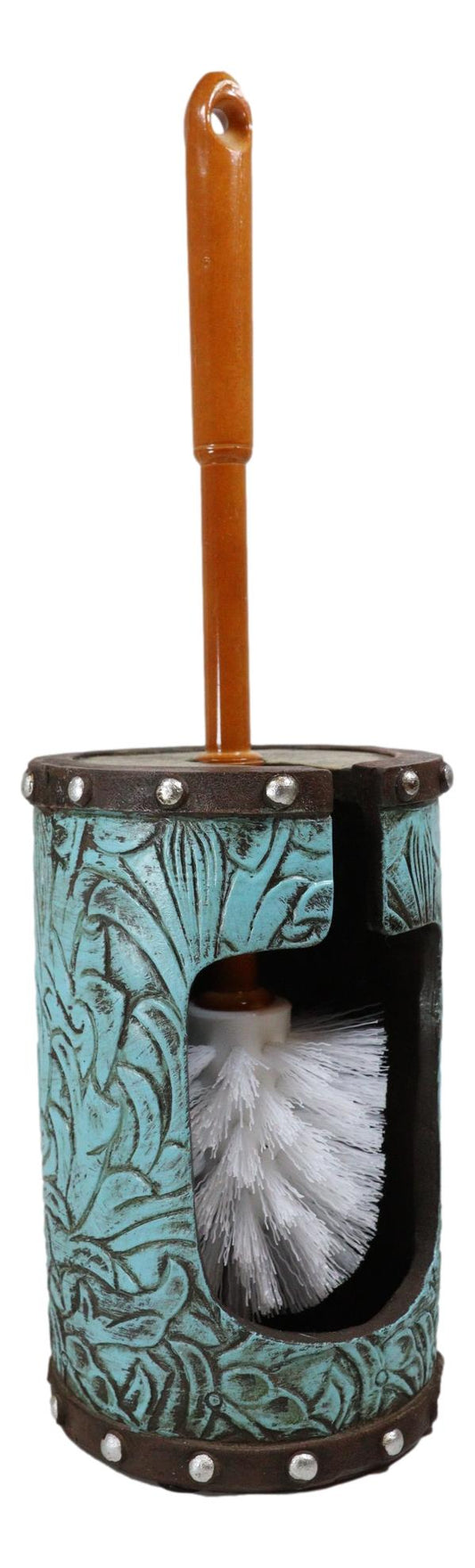 Rustic Vintage Western Turquoise Faux Leather Floral Toilet Brush and Holder Set