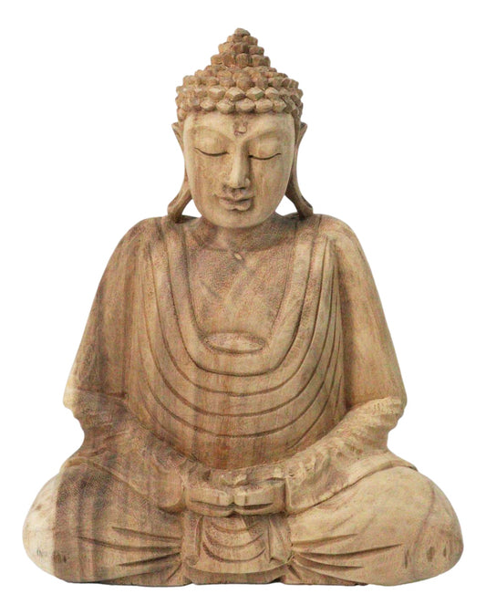 Acacia Wood Meditating Buddha Gautama Amitabha In Prayer Zen Sculpture 10.75"H