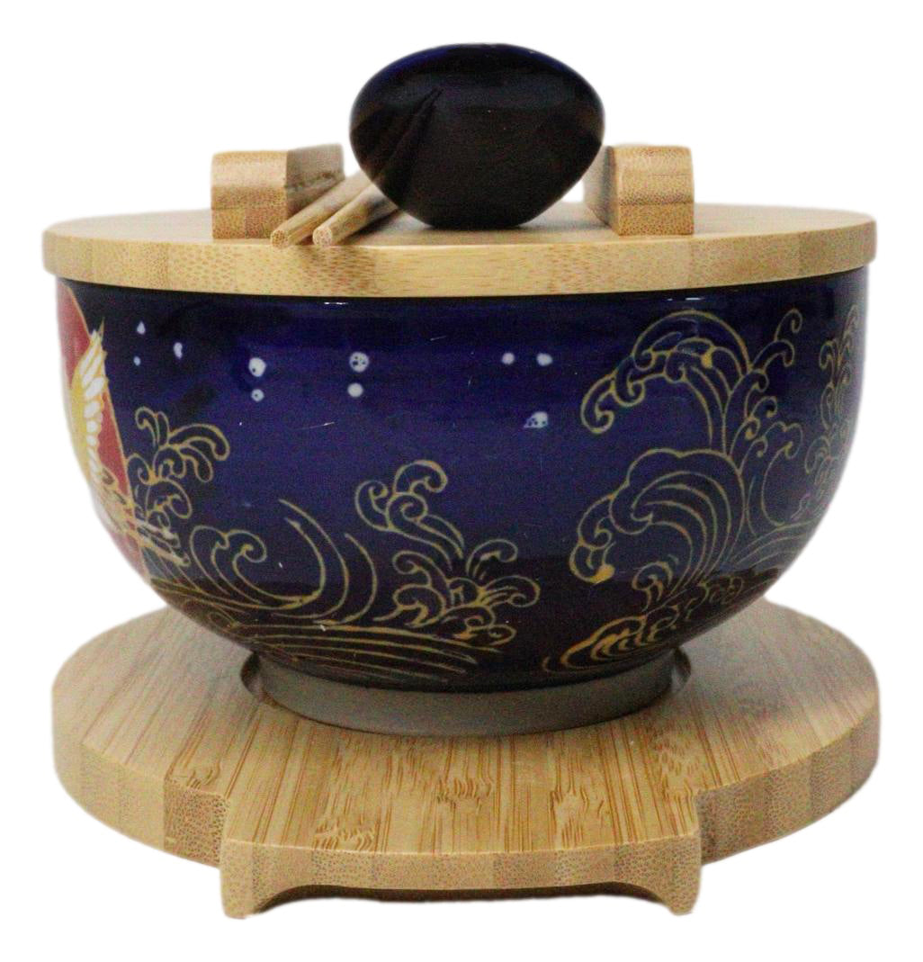 Red Moon Golden Crane Donburi Ramen Bowl With Lid Trivet Spoon Chopsticks Set - Ebros Gift