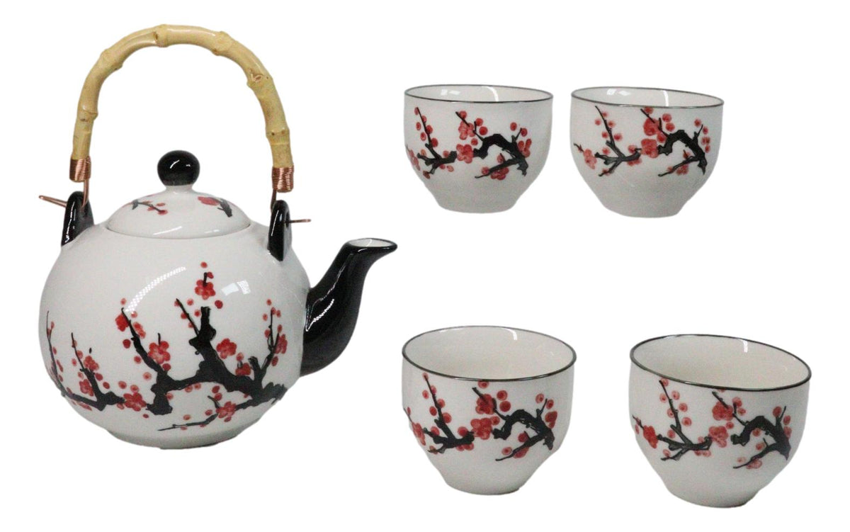 White Pink Sakura Cherry Blossoms Porcelain 30oz Teapot And 4 Tea Cups Set