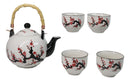 White Pink Sakura Cherry Blossoms Porcelain 30oz Teapot And 4 Tea Cups Set