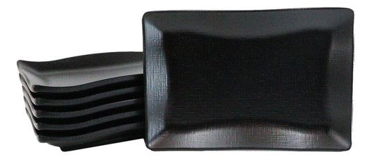 Pack Of 6 Black Silk Melamine Rectangular Wavy Buffet Lunch Sushi Plates 6.75"L