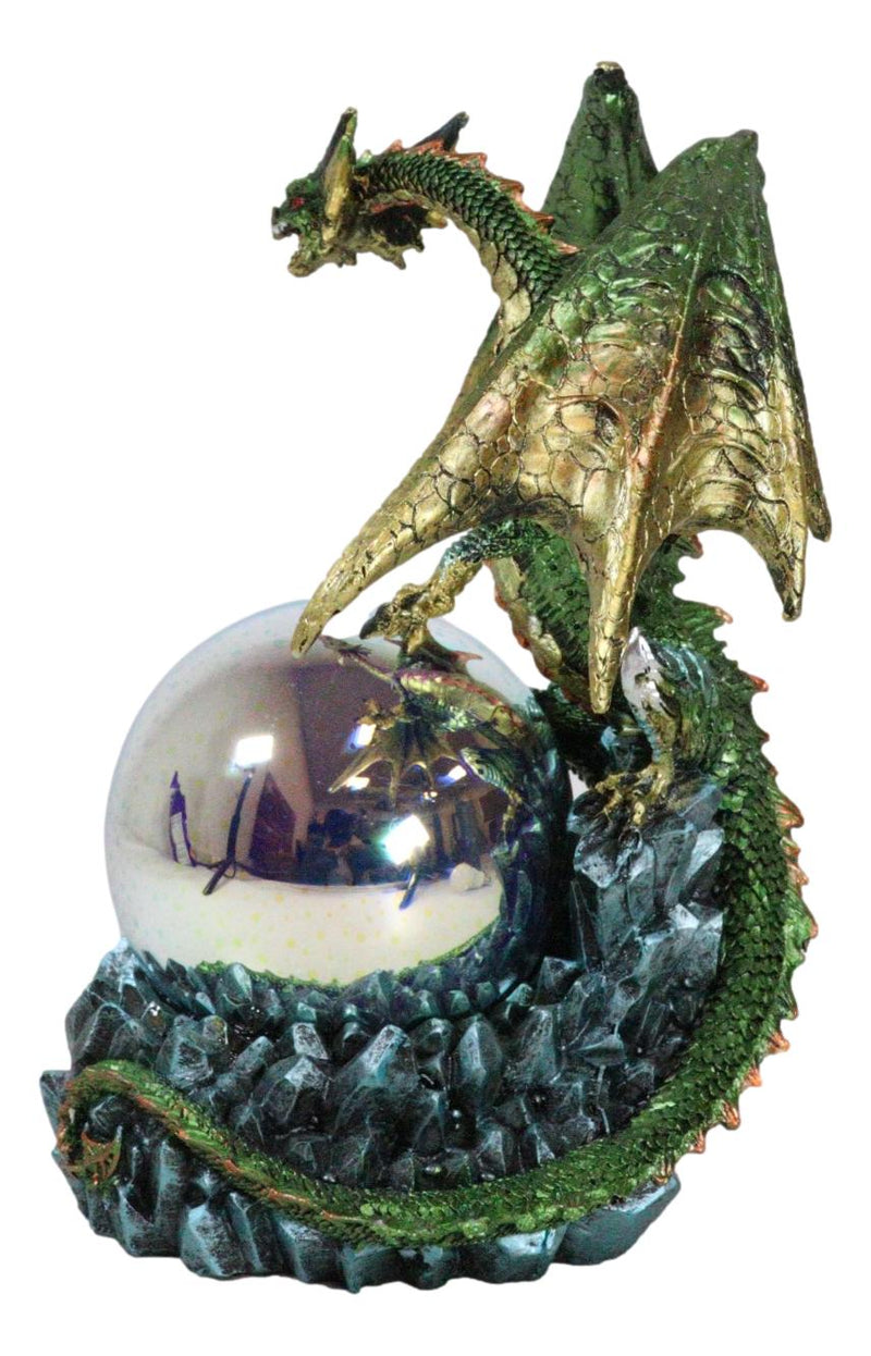 Green And Gold Armored Dragon On Rocky Cliff Edge With LED Optic Ball Figurine