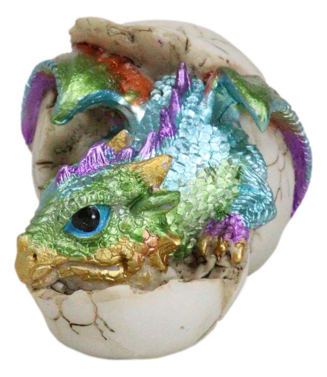 Oceanic Turquoise Green Iridescent Baby Dragon In Egg Shell With Gem Figurine