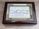 Happy 50th Anniversary Burlwood With Silver Scrollwork Musical Trinket Box