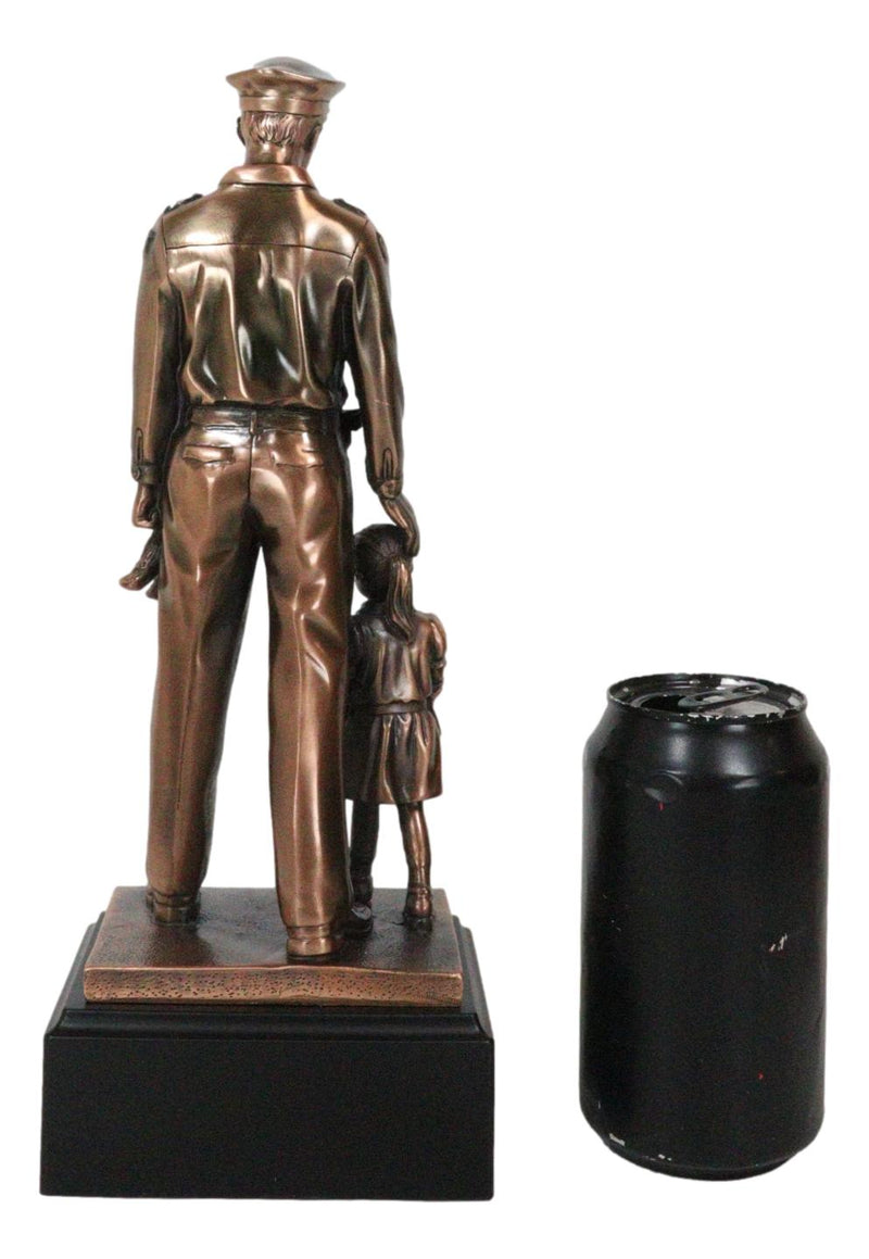 Heroic Men In Blue Police Officer Holding Girl Daughter Hand Bronzed Statue