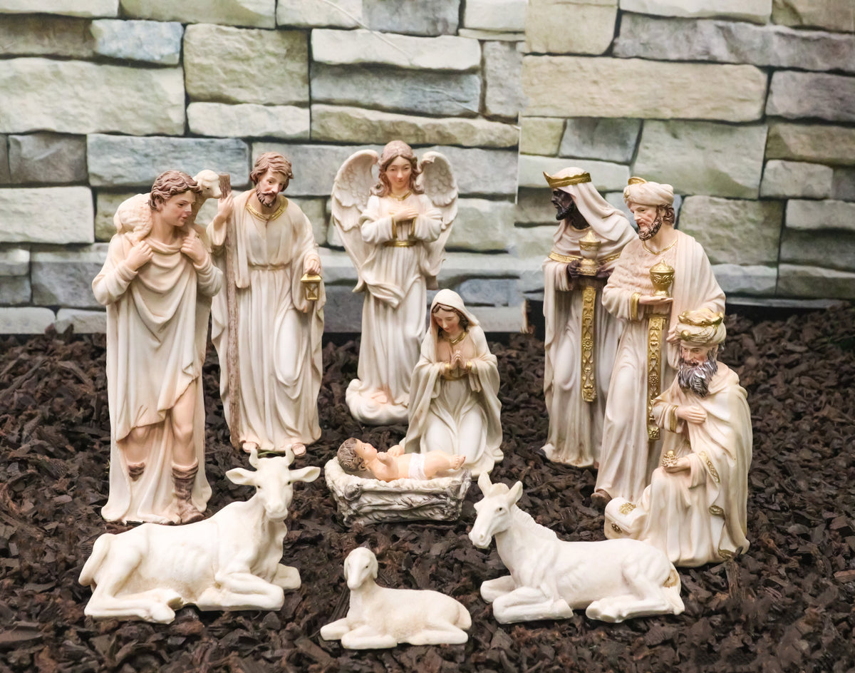Christmas Nativity Mary Joseph Jesus Wise Men Angel 11 Pc Figurines Off White 8"