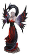 Fantasy Red Gowned Gothic Rose Fairy With Black Grendel Volcano Dragon Figurine