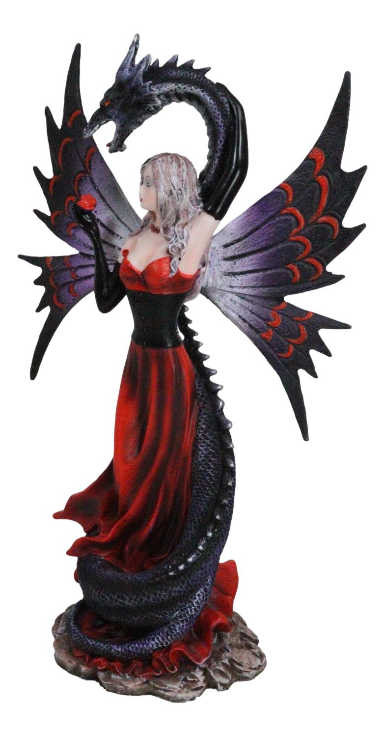 Fantasy Red Gowned Gothic Rose Fairy With Black Grendel Volcano Dragon Figurine