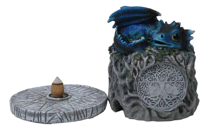 Blue Wyrmling Dragon Sleeping On Tree Of Life Stump Cone Incense Burner Figurine
