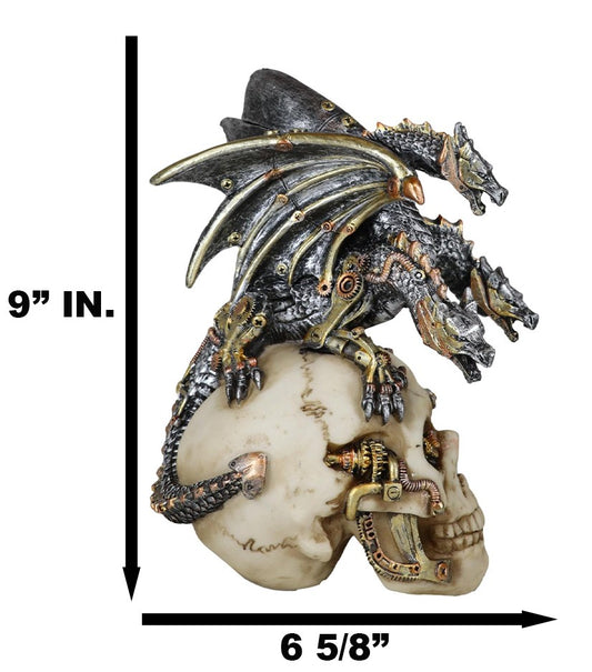 Steampunk Cyborg Skull with Perching Robotic Silver Hydra Dragon Figurine