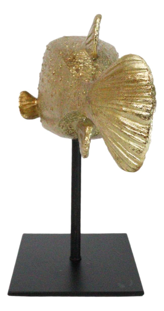 Nautical Marine Gold Tone Yellow Boxfish Fish Sculpture With Museum Pole Stand