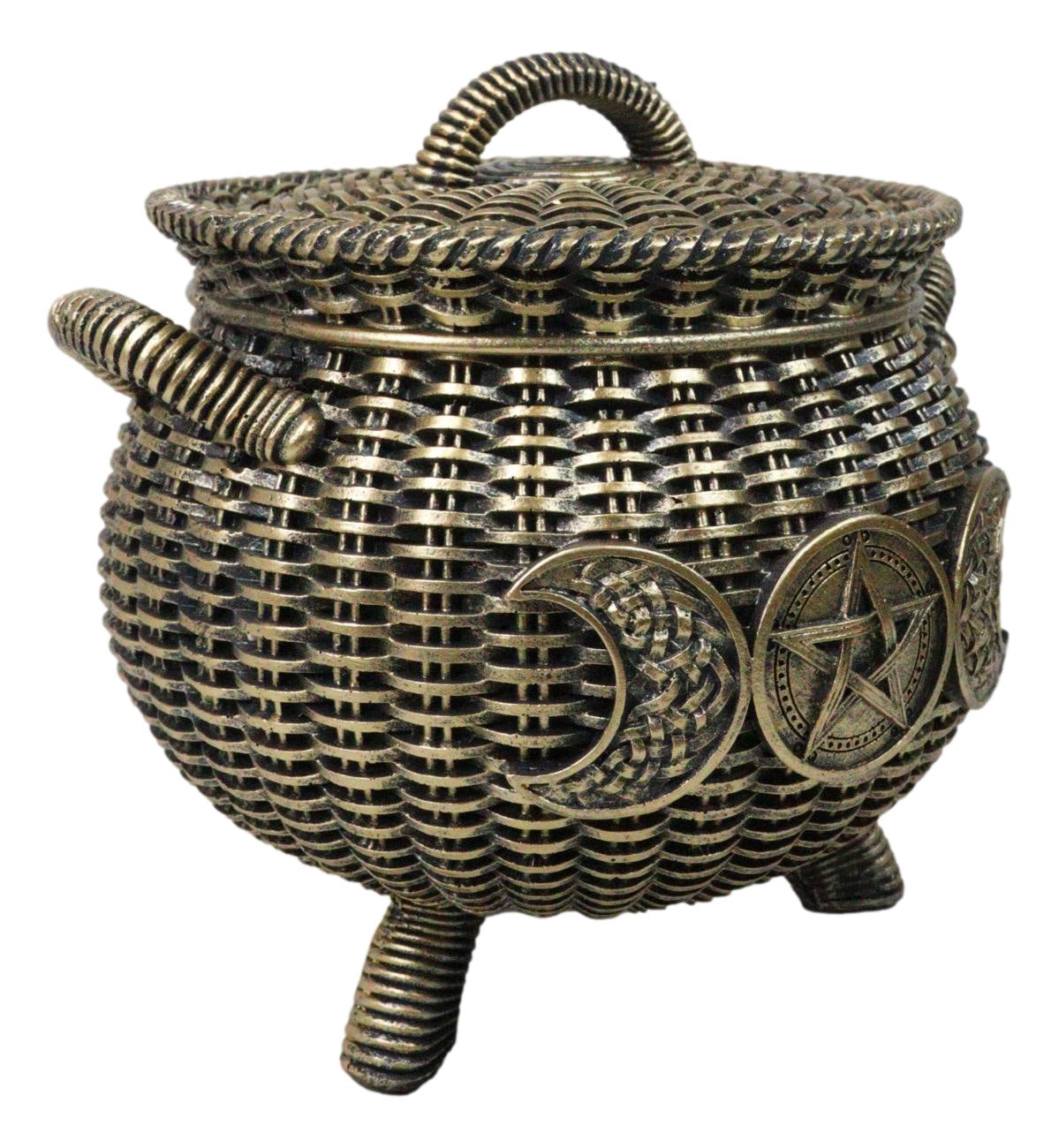 Wiccan Triple Moon Cauldron Pot In Wicker Finish Decorative Trinket Crystals Box - Ebros Gift