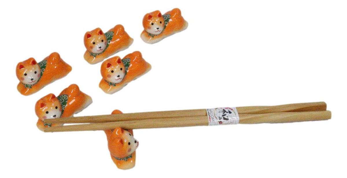 Tan Shiba Inu Dog Ceramic Chopstick Rests Set of 6 with Bamboo Chopsticks