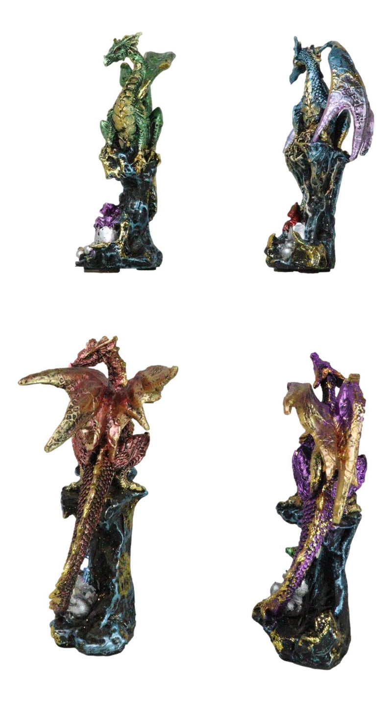 Set Of 4 Metallic Colorful Dragons Perching On Evil Eye Drake Towers Figurines