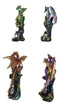 Set Of 4 Metallic Colorful Fantasy Dragons Perching On Rock Towers Figurines