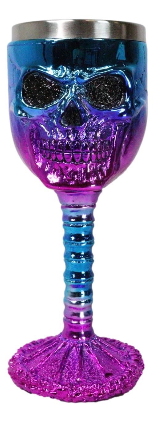 Metallic Blue And Pink Plated Skull With Skeleton Spine And Bones Wine Goblet - Ebros Gift
