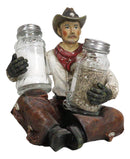 Western Wrangler Cowboy With Hat Scarf And Chaps Salt Pepper Shakers Holder Set