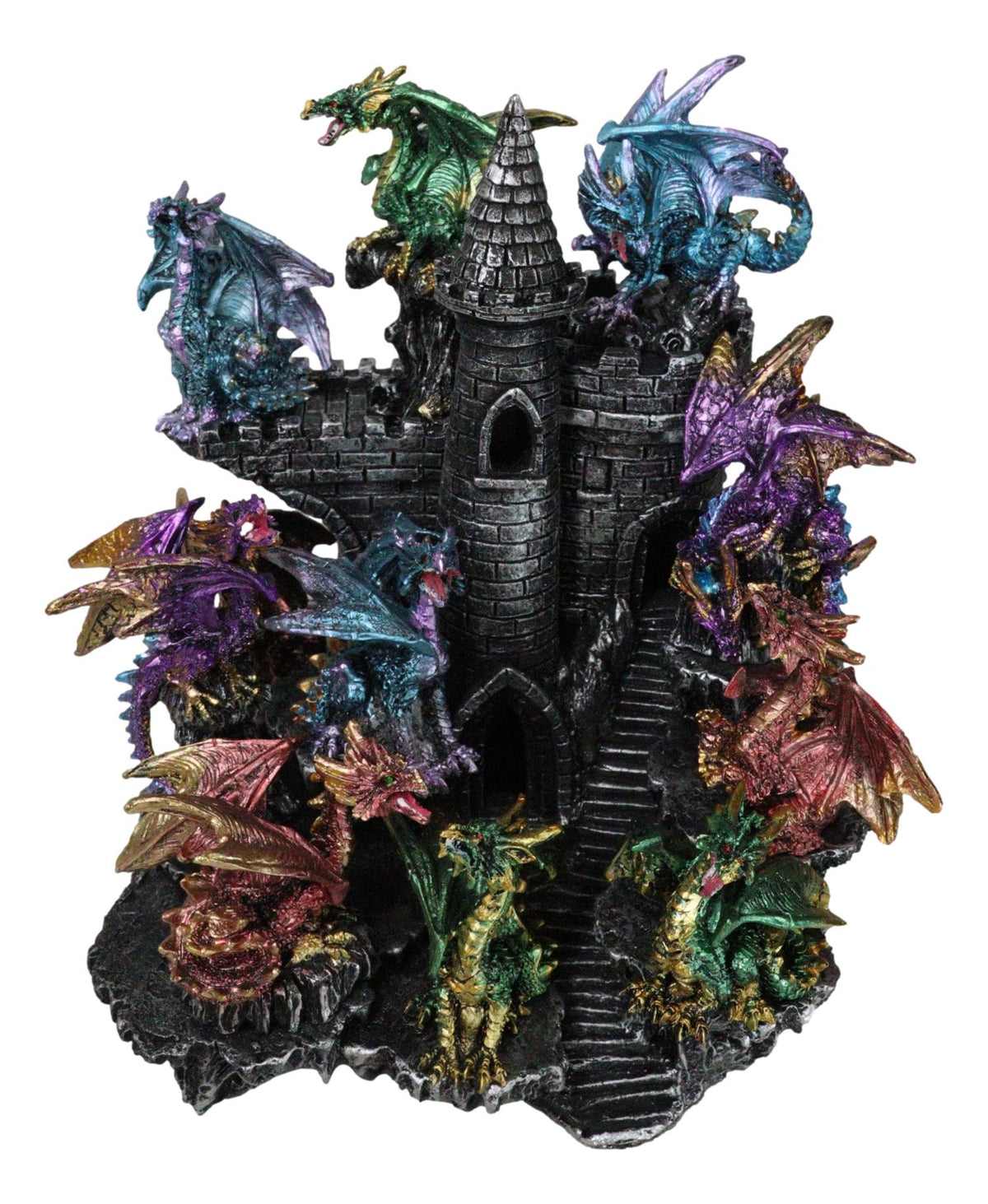 Medieval Colorful 12 Mini Dragons On Mountain Stonewall Castle Display Stand Set