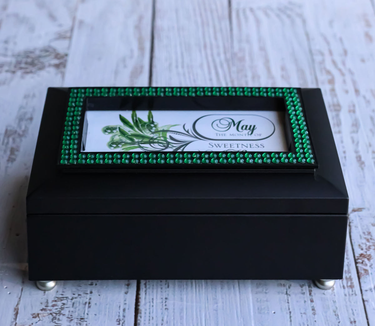 May Month Emerald Birthstone Sweetness And Happiness Black Musical Trinket Box