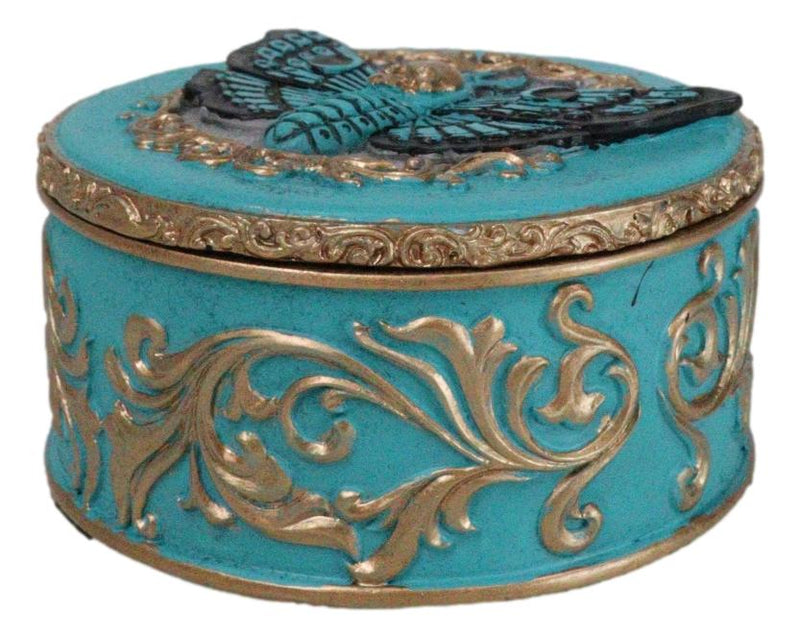 Turquoise And Gold Scrollwork Death Moth Skull Decorative Trinket Jewelry Box