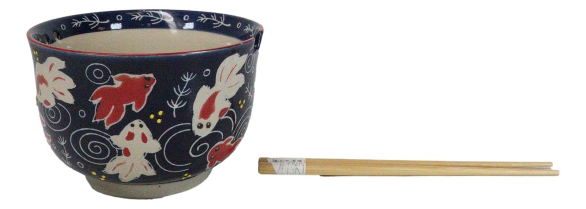 Red White Japanese Goldfishes Large 24Oz Donburi Ramen Bowl With Chopsticks Set