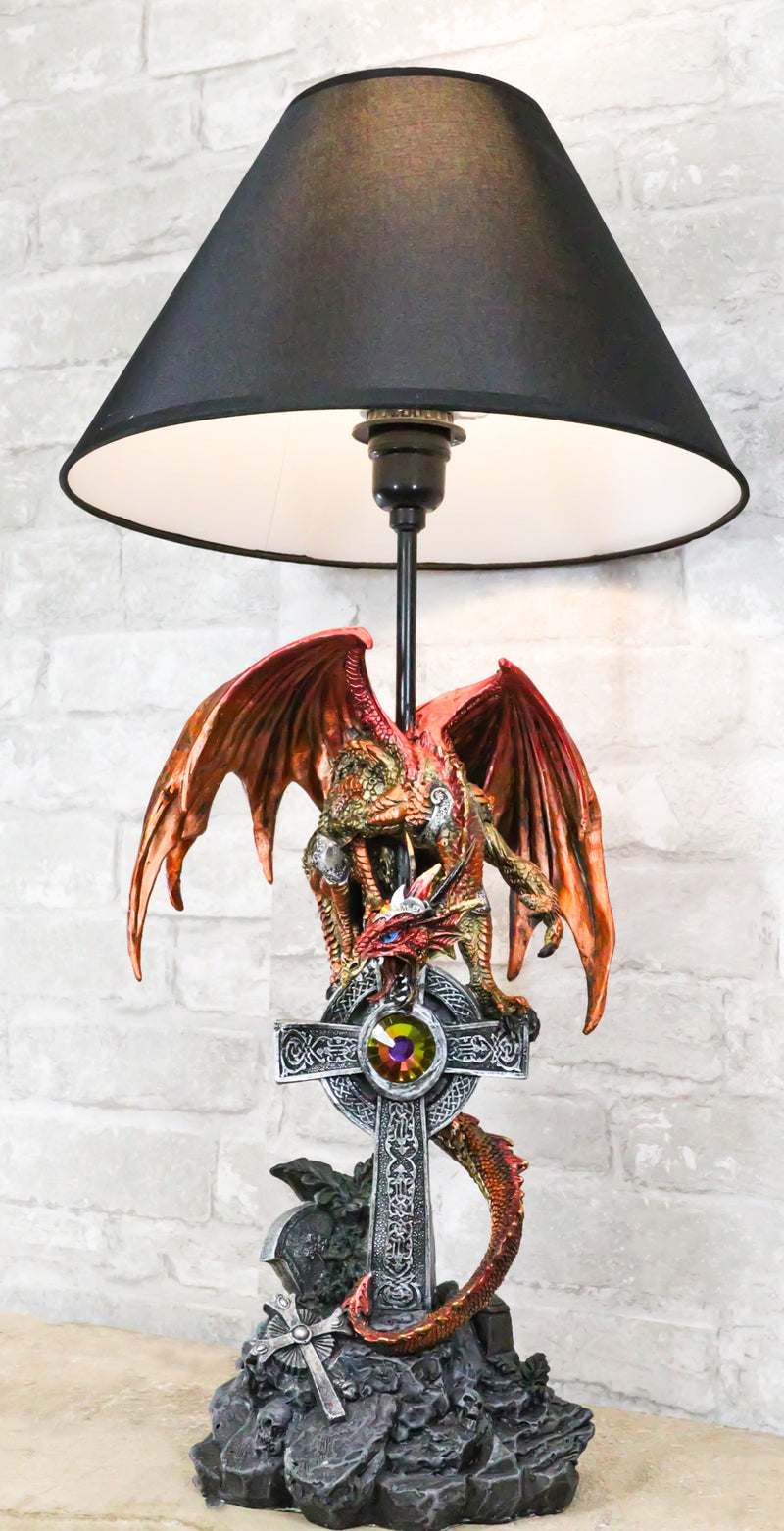 Red Gold Armored Dragon On Celtic Knotwork High Cross With Crystal Tab Ebros Gift