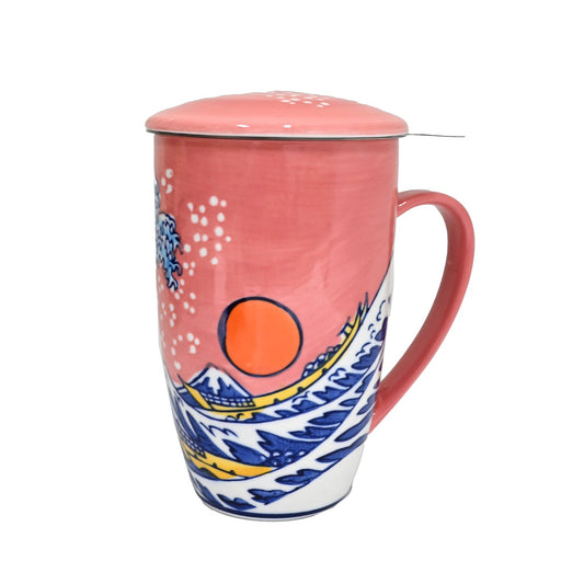 Sunset Ocean Waves 15oz Porcelain Tea Mug With Lid & Stainless Steel Infuser