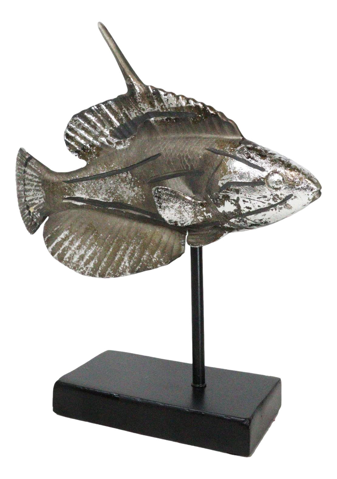 Nautical Marine Silver Tone Lyretail Anthias Fish Sculpture With Pole Stand Base