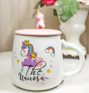 White Whimsical Crowned Unicorn Rainbow Shooting Star Mug With Spoon And Lid