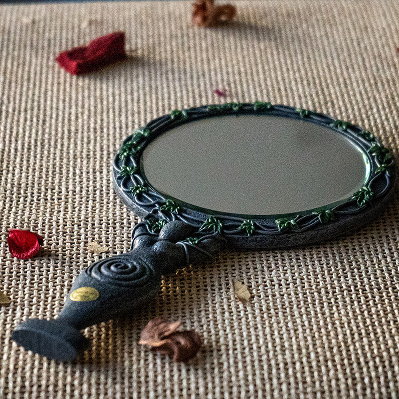 Wicca Triple Moon Spiral Goddess with Magical Ivy Leaves Sculptural Hand Mirror