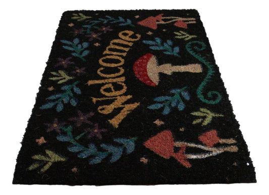 Welcome Mushrooms and Herbs Botanica Black Coir Coconut Fiber Floor Mat Doormat - Ebros Gift