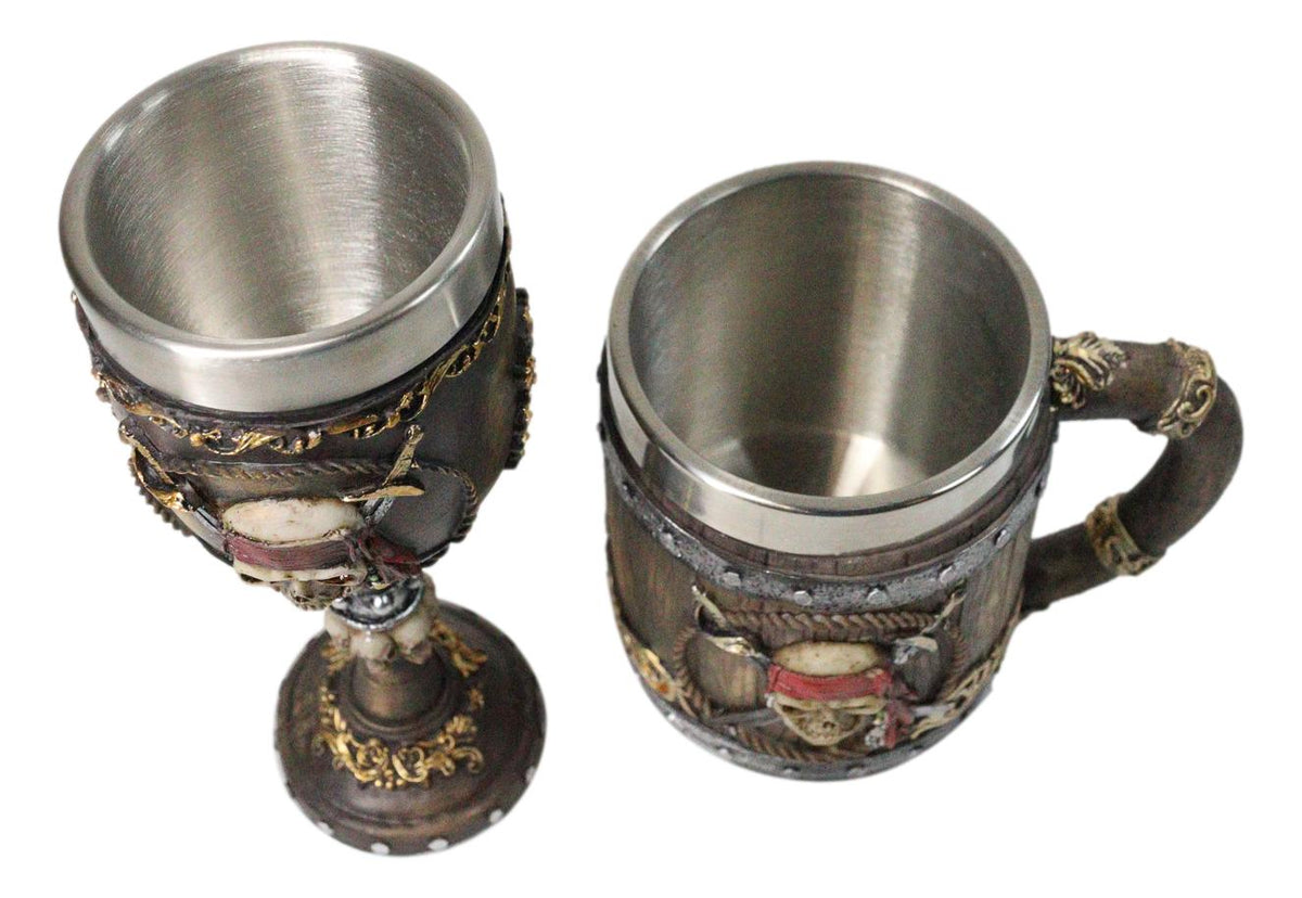 Nautical Rustic Barrel Pirate Skull Wine Goblet & Beer Tankard Mug Set of 2