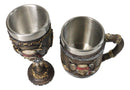 Nautical Rustic Barrel Pirate Skull Wine Goblet & Beer Tankard Mug Set of 2