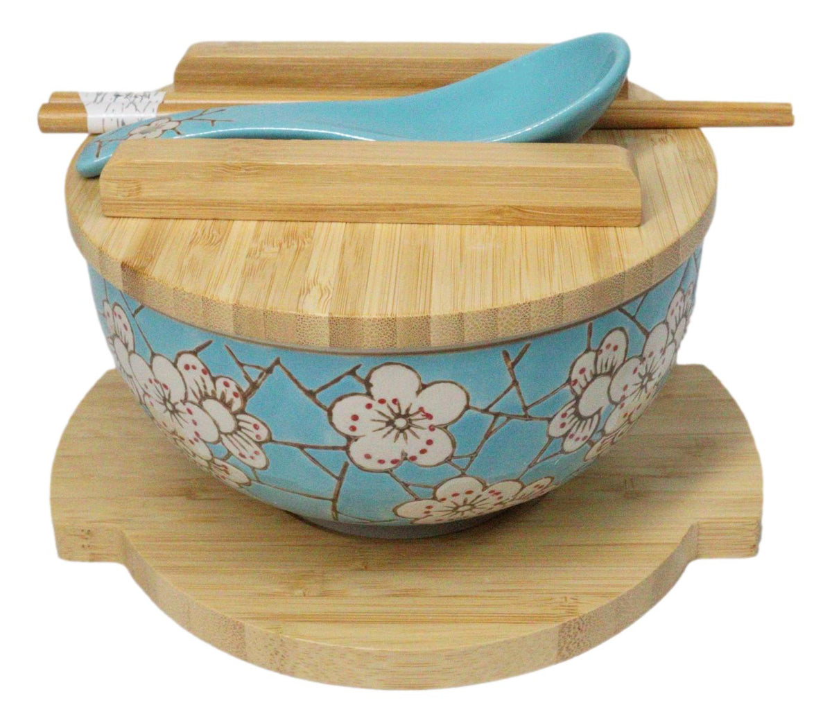 Blue Spring Blossoms Donburi Ramen Bowl With Lid Trivet Spoon Chopsticks Set