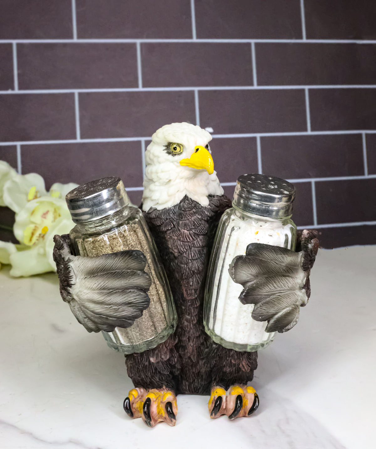 American Patriotic Bald Eagle Salt and Pepper Shaker Holder With Glass Shakers