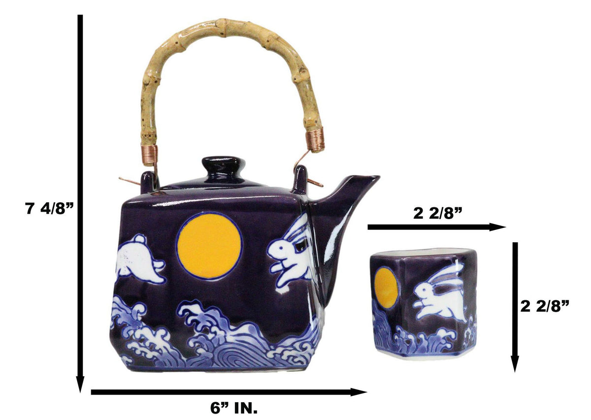 Purple Blue Night Moon White Rabbit Ceramic Hexagonal Teapot With 4 Tea Cups Set
