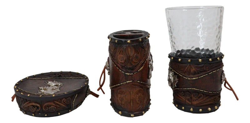 Rustic Western Horses with Faux Floral Tooled Leather 3 Pc Bathroom Vanity Set