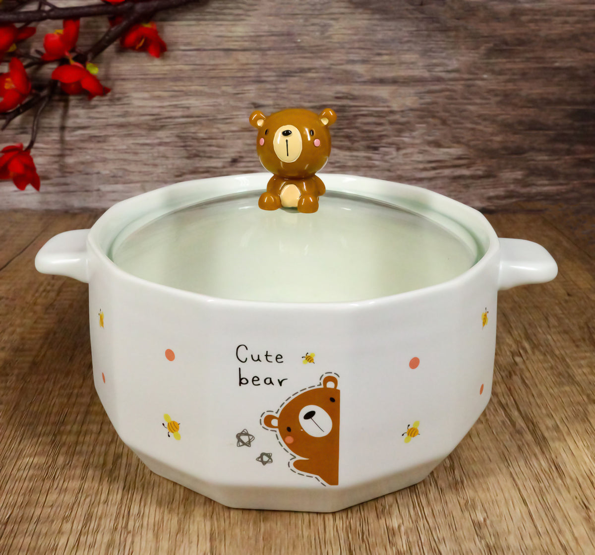 Ceramic Whimsical Honey Bees Bear 30oz Noodle Dessert Food Bowl W/ Glass Lid - Ebros Gift